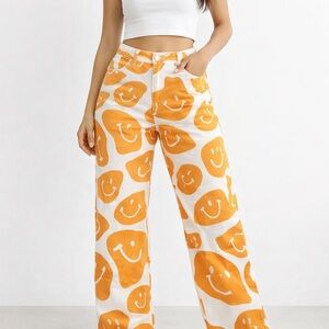 Bailey Rose Smiley Face Pants Women’s Small Orange White Wide Leg Retro Fun
